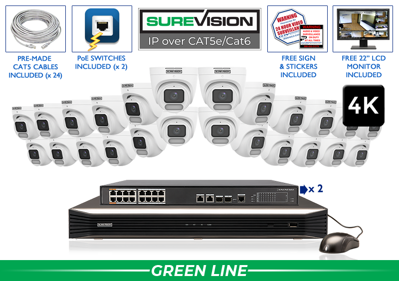 Security Camera System with 24 4K IP Cameras with COLOR Day and Night Performance