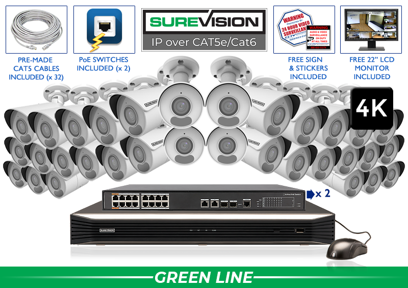 4K Security Camera System with 32 Outdoor Bullet Cameras with Audio and Color Night Vision / 32IPBIR8-N
