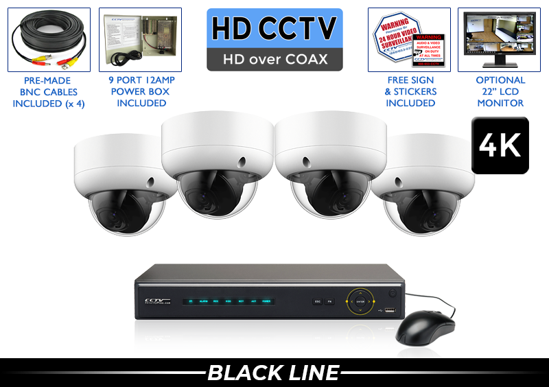 Complete 4K Surveillance System with 4 Motorized Vandal Dome Cameras / 4PROCVIAD8-S