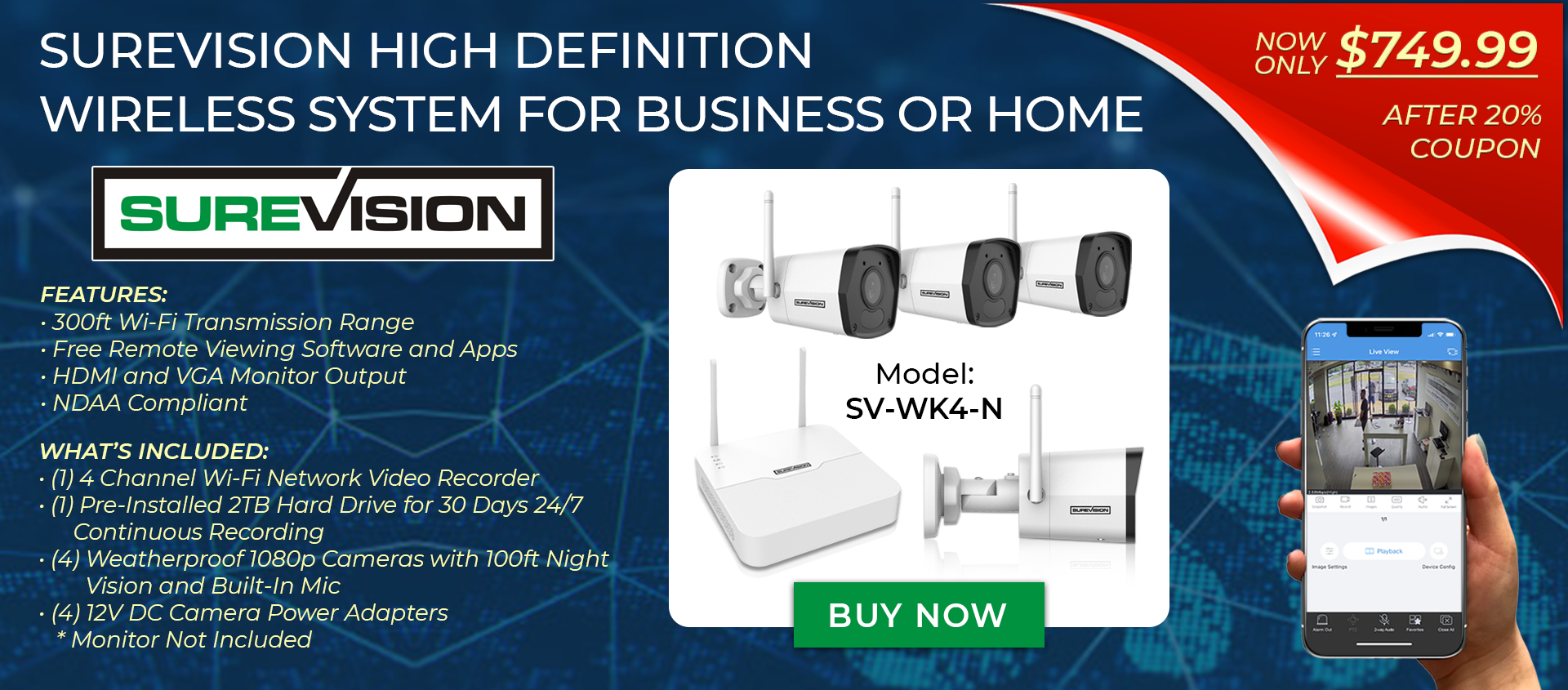 NEW PRODUCT! Complete 4 Camera Wireless Kit 30 Days Local Storage