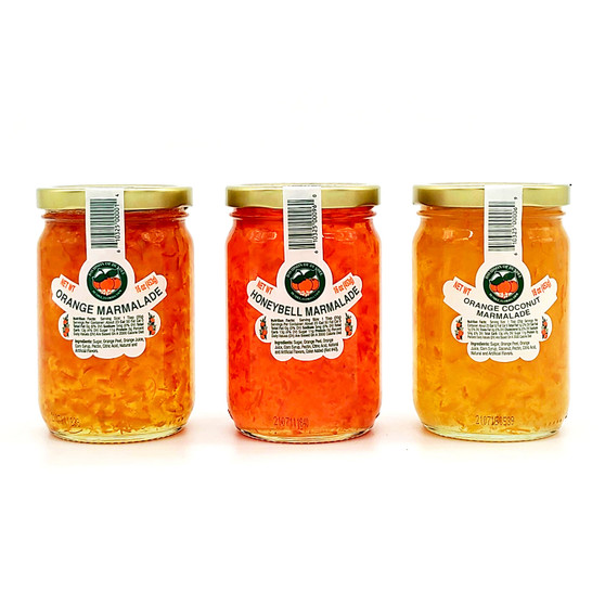 16 oz. jars of Florida Marmalade including Orange Marmalade, Honeybell Marmalade, and Orange Coconut Marmalade