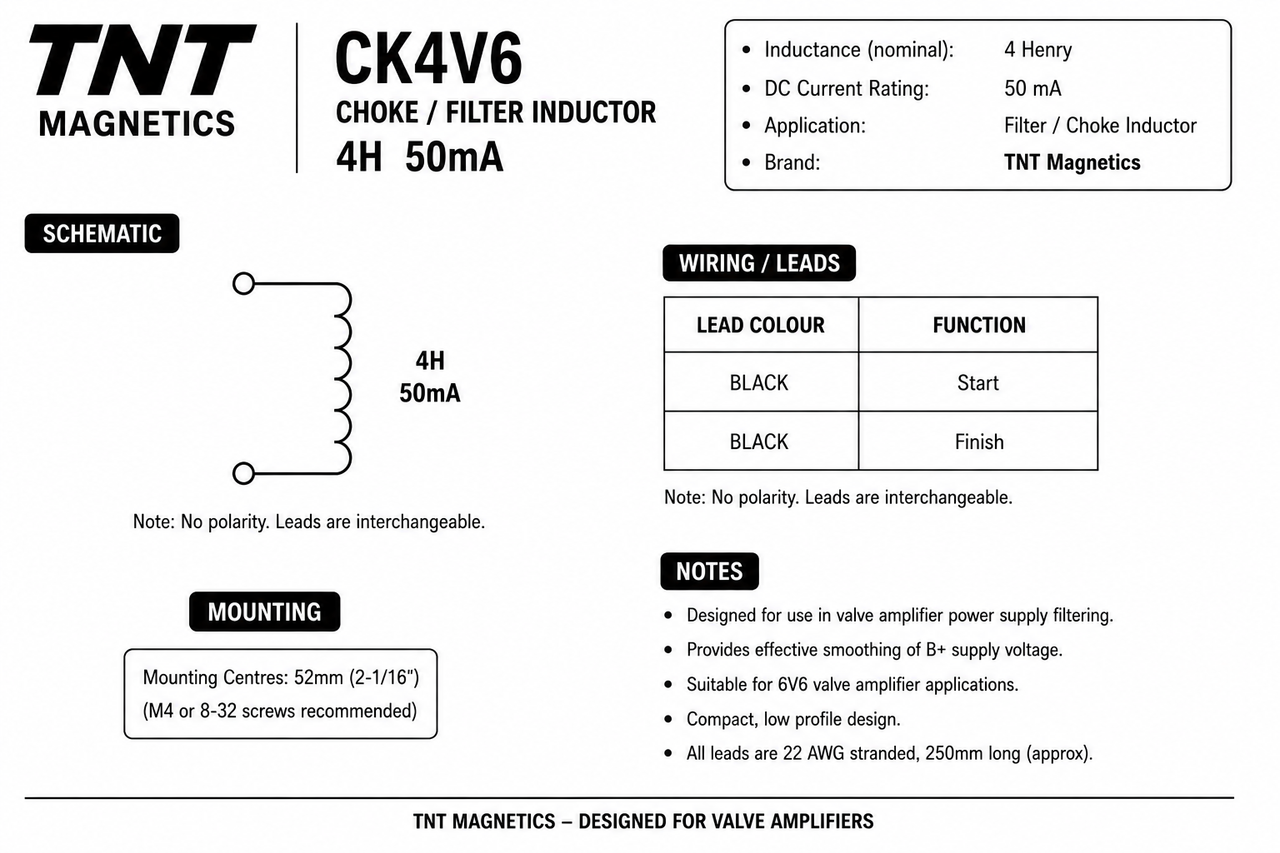 TNT Magnetics CK4V6 Filter Choke for 6V6 Amps - 125C3A