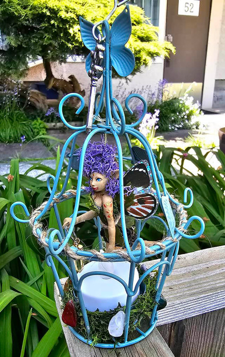 Purple Hair Fairy in Candle holder Cage