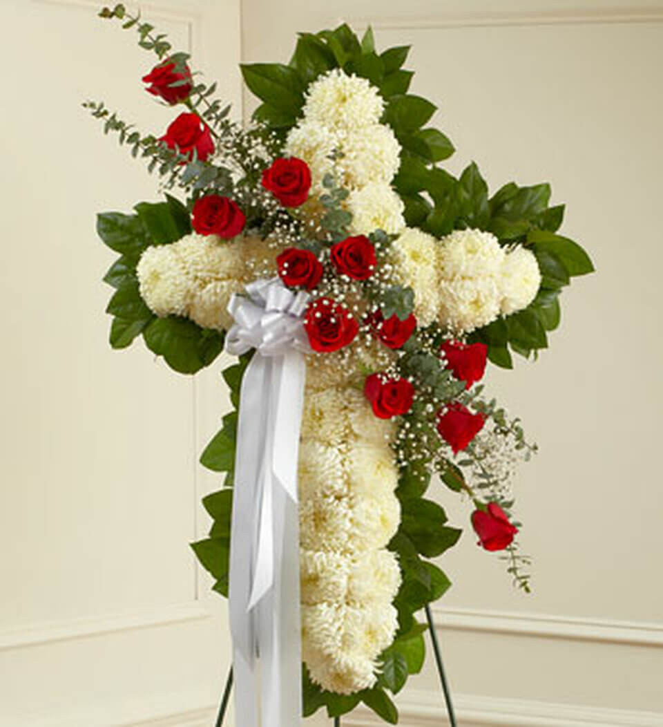 Peace and Prayers Standing Cross - Red Rose & White Funeral Cross