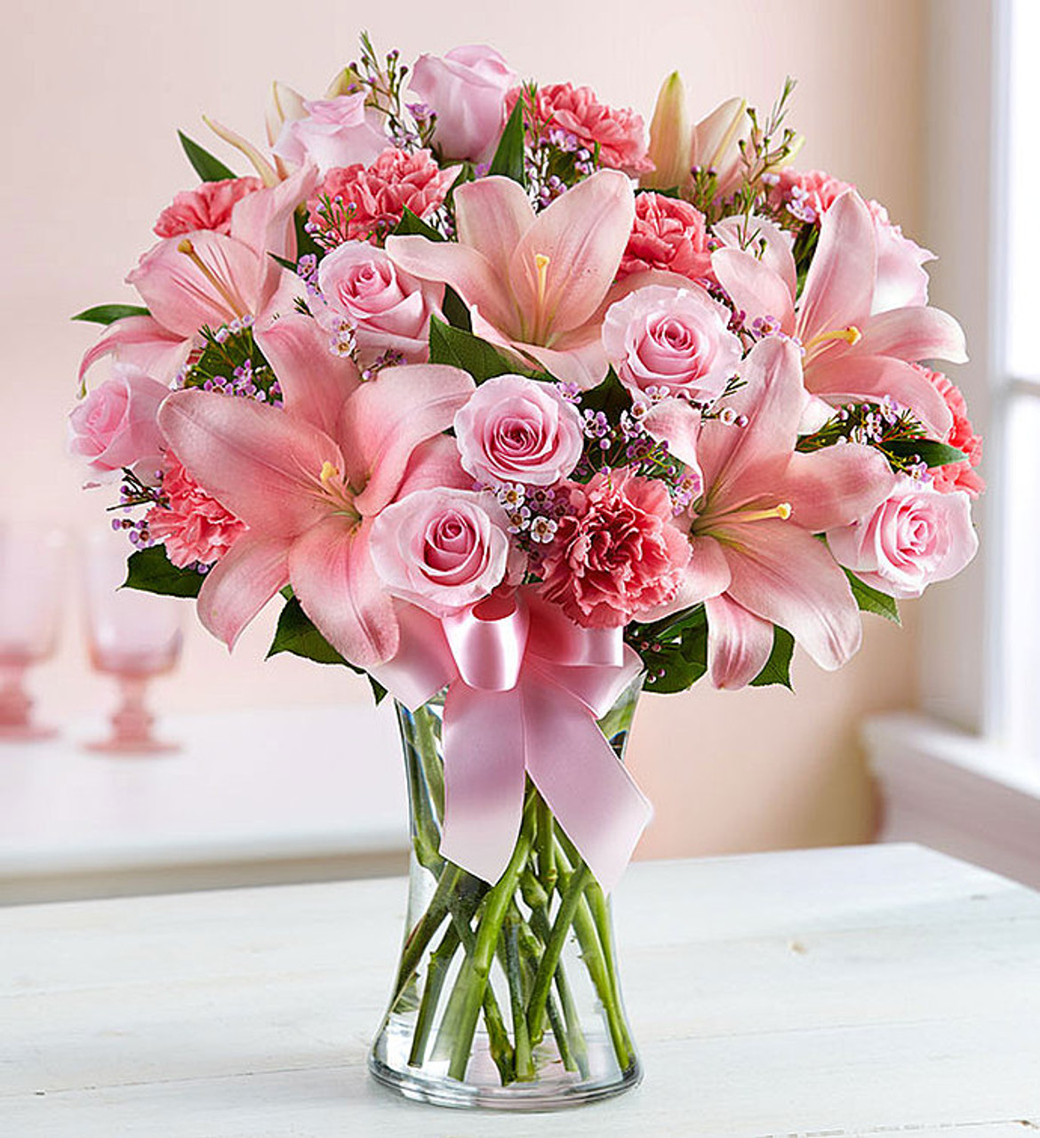 Pink Carnations Roses Lillies And Wax Flower