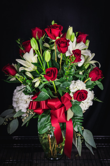 Adore- One Dozen Red Roses with White Lilies and White Hydrangea