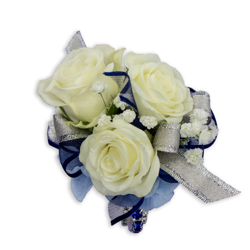 Beauty Within Wrist Corsage- White Roses with Navy Blue Ribbon 