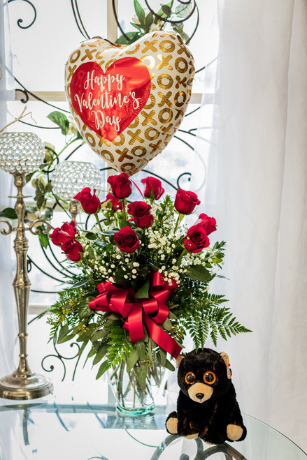 My Valentine Bundle-One Dozen Long-Stemmed Red Roses with Mylar Balloon and Plush 