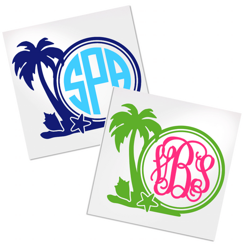 Palm Tree Monogram Decal for cup, tumbler, water bottle, car window or laptop.  This decal will work for any hard, smooth surface.