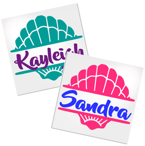 Clam shell decal with name .  Perfect for any hard, smooth surface.