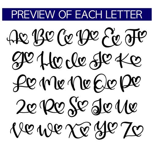 Preview of each letter option for the love monogram letter decal.