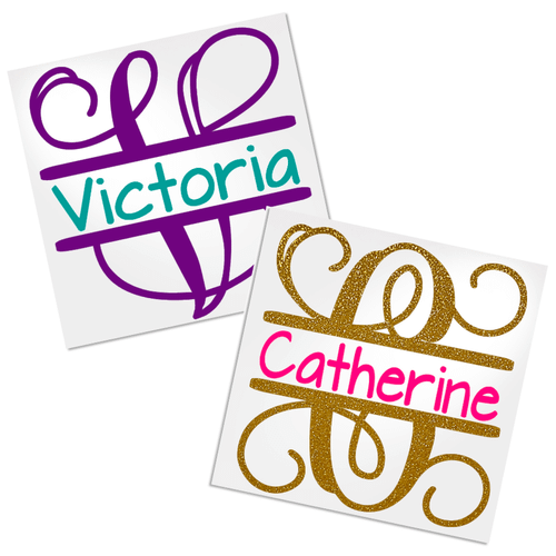 Split initial with printed name vinyl decal design