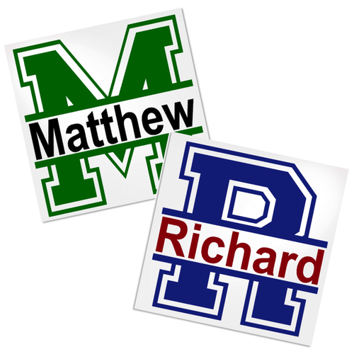 Varsity letter with personalized name vinyl decal design