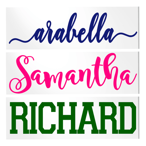 Examples of personalized name vinyl decals in script and block fonts