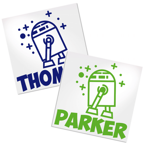 Robot decal with name for any hard, smooth surface.
