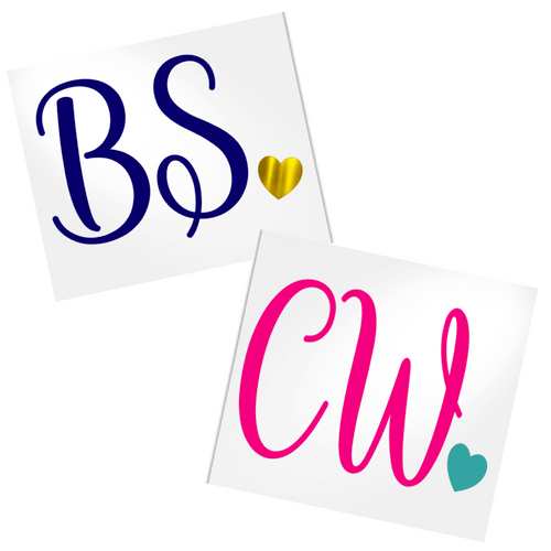 Two letter monogram decal with small heart at the end.