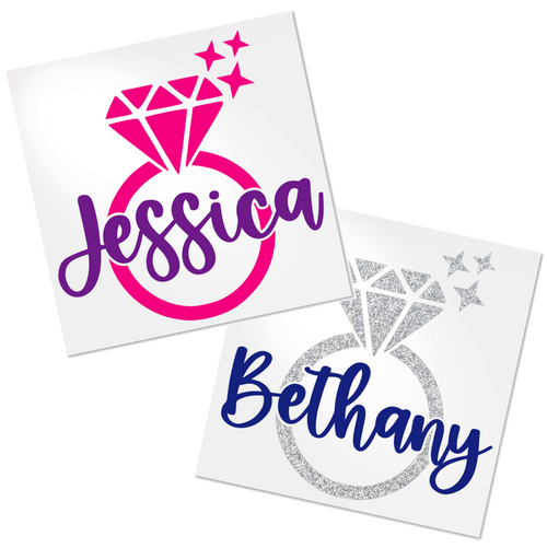 Engagement ring decal with name written across it.