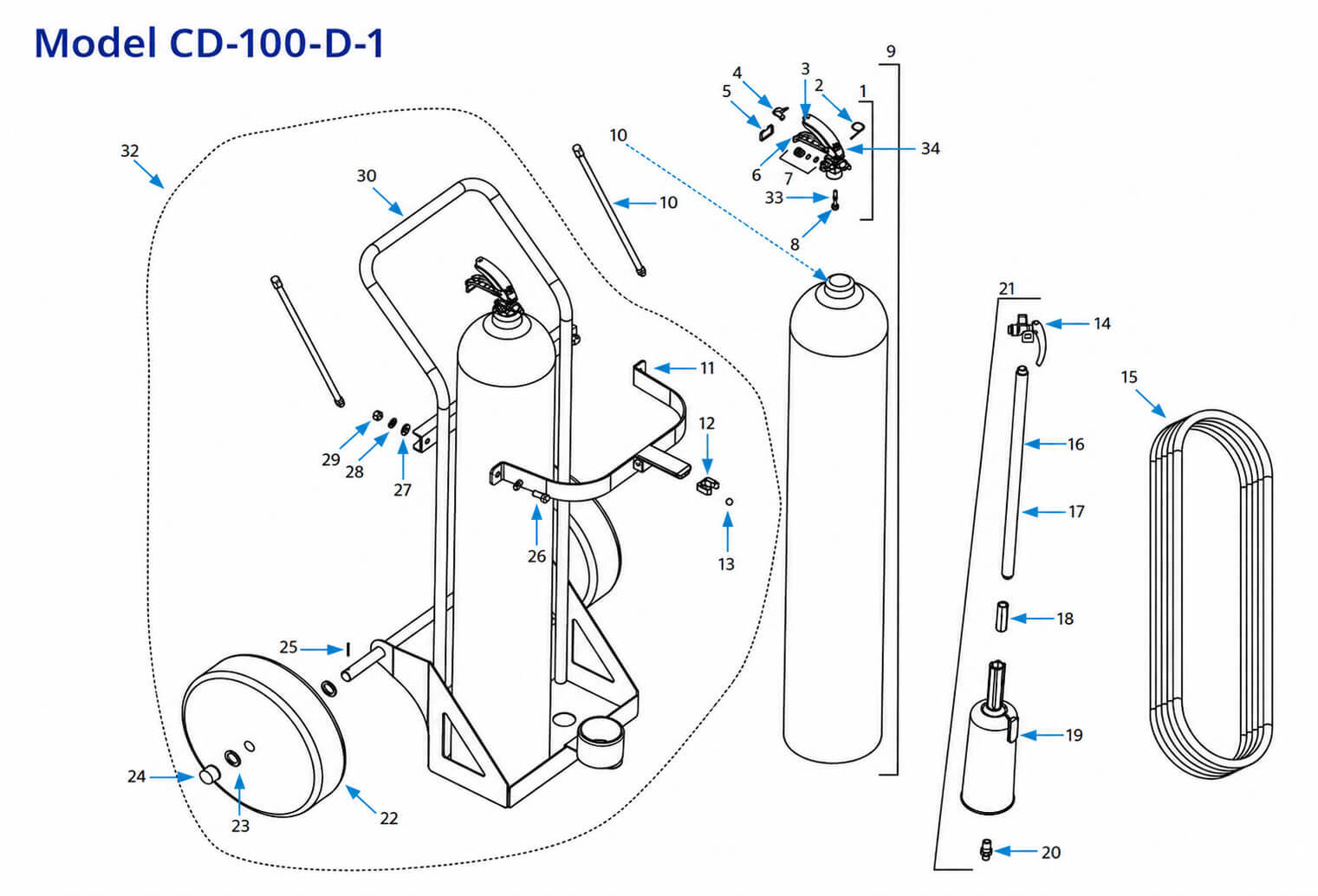 ANSUL 100 lb Model CD-100-D-1 carbon dioxide wheeled fire extinguisher exploded parts diagram