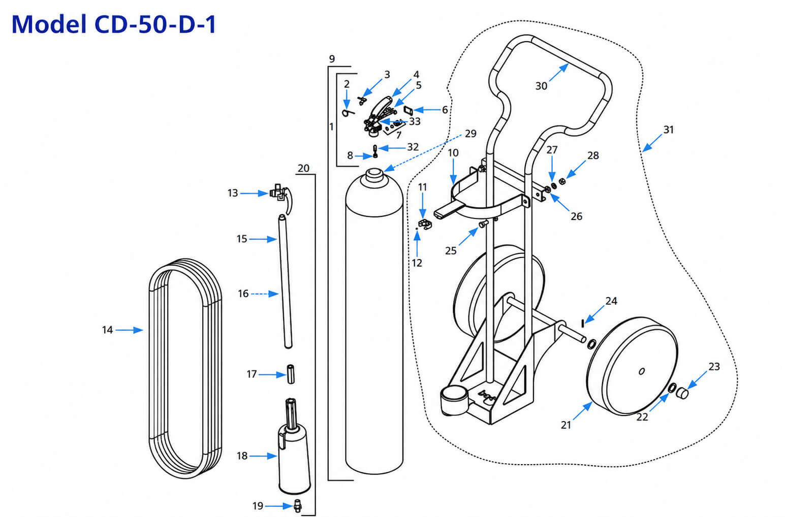ANSUL 50 lb Model CD-50-D-1 carbon dioxide wheeled fire extinguisher exploded parts diagram