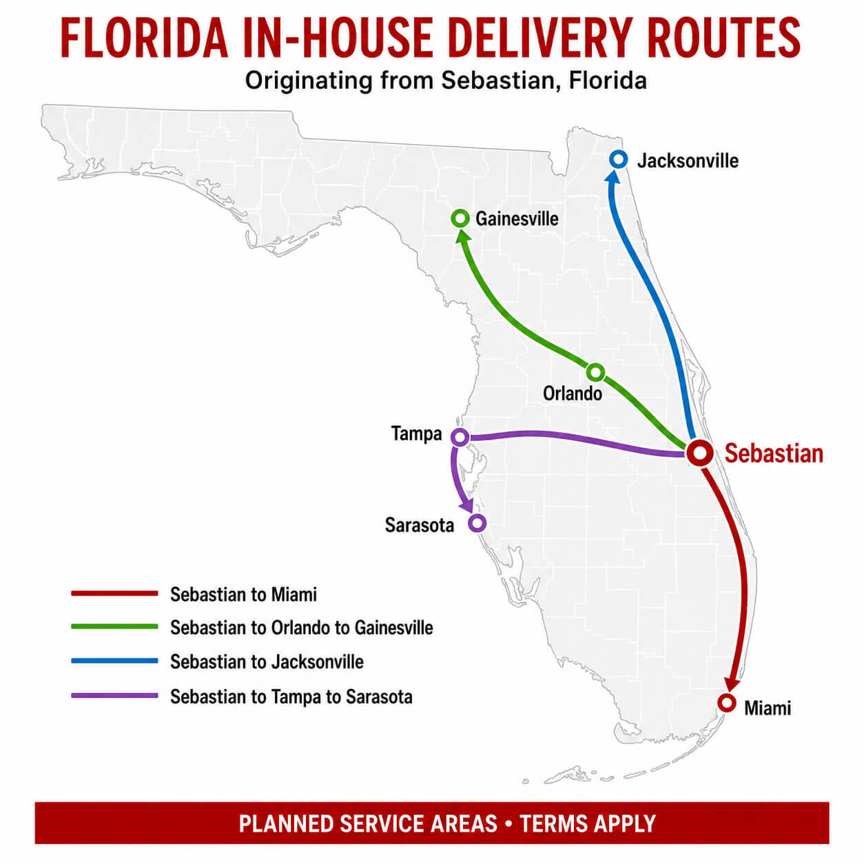 Map of planned Fire Safety Supply delivery routes from Sebastian to Miami, Orlando, Gainesville, Jacksonville, Tampa, and Sarasota