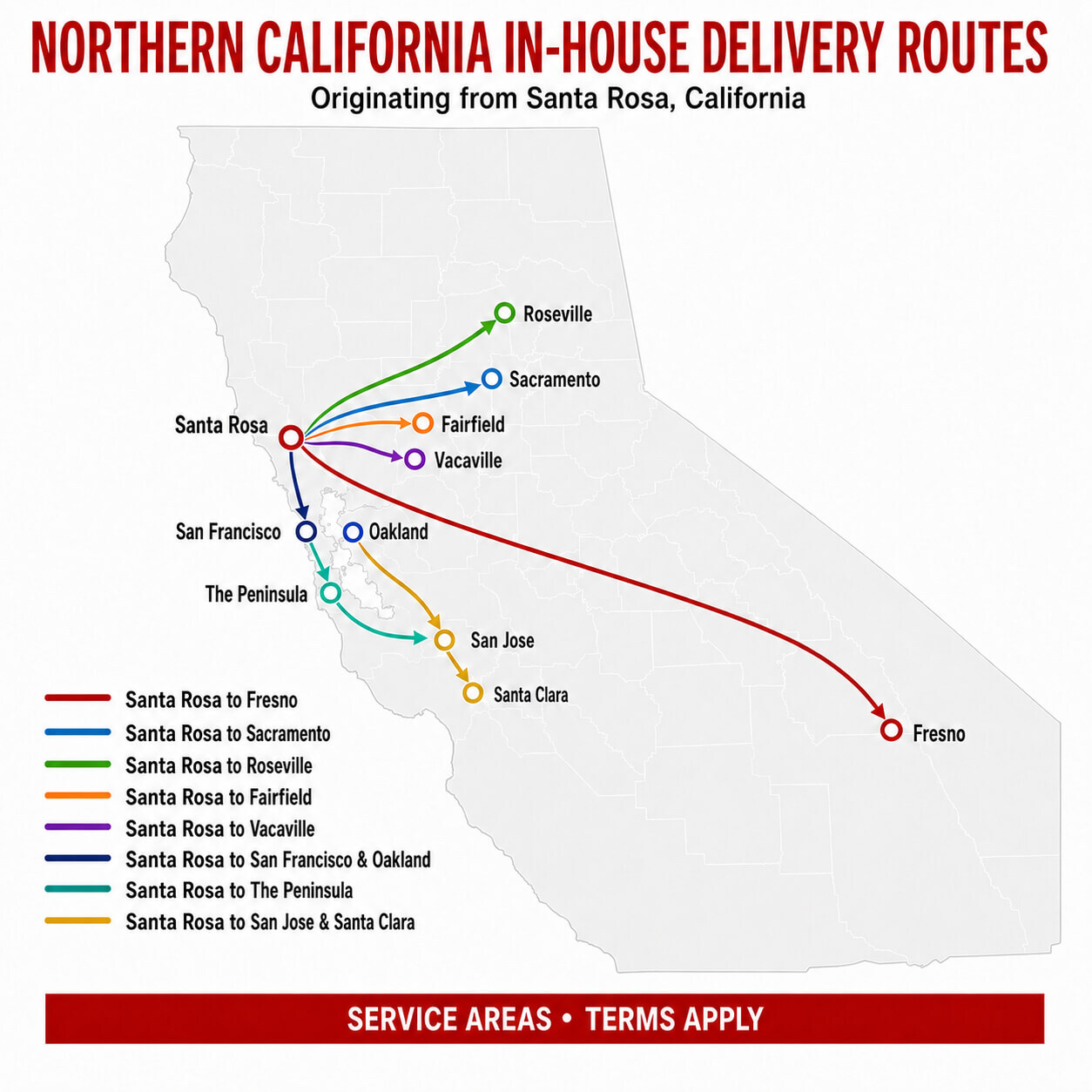 Map of Northern California in-house delivery routes from Santa Rosa to Fairfield, Sacramento, Roseville, Vacaville, Fresno, San Francisco, San Jose, Oakland, Santa Clara, and the Peninsula