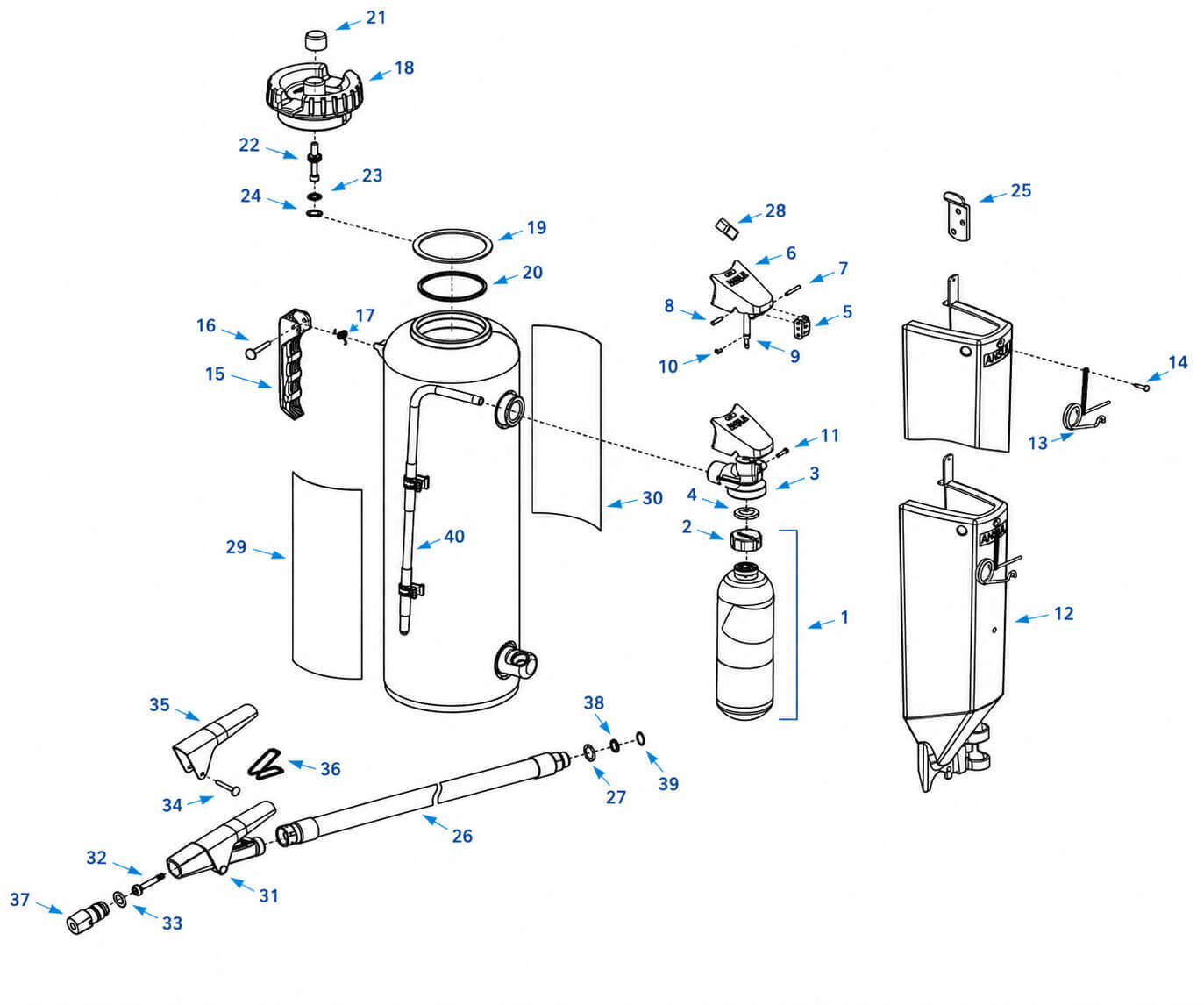 ANSUL RED LINE cartridge-operated fire extinguisher exploded parts diagram for Models 10-G, 20-G and 30-G - diagram 1