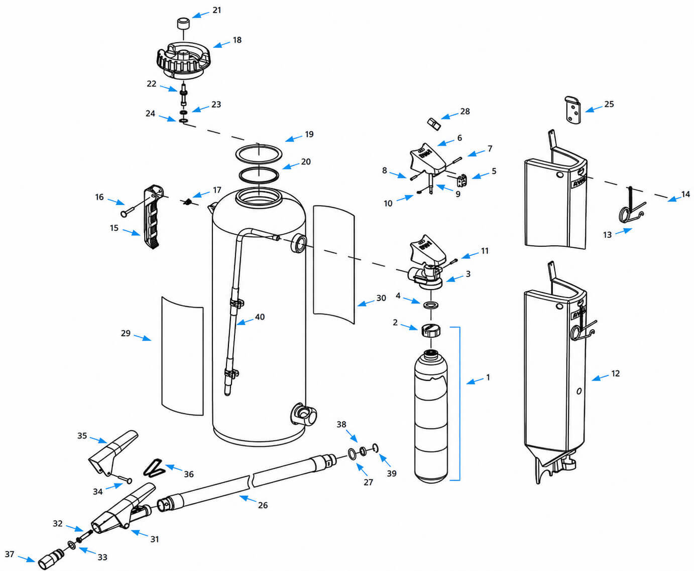 ANSUL RED LINE cartridge-operated fire extinguisher exploded parts diagram for Models 10-G, 20-G and 30-G - diagram 1