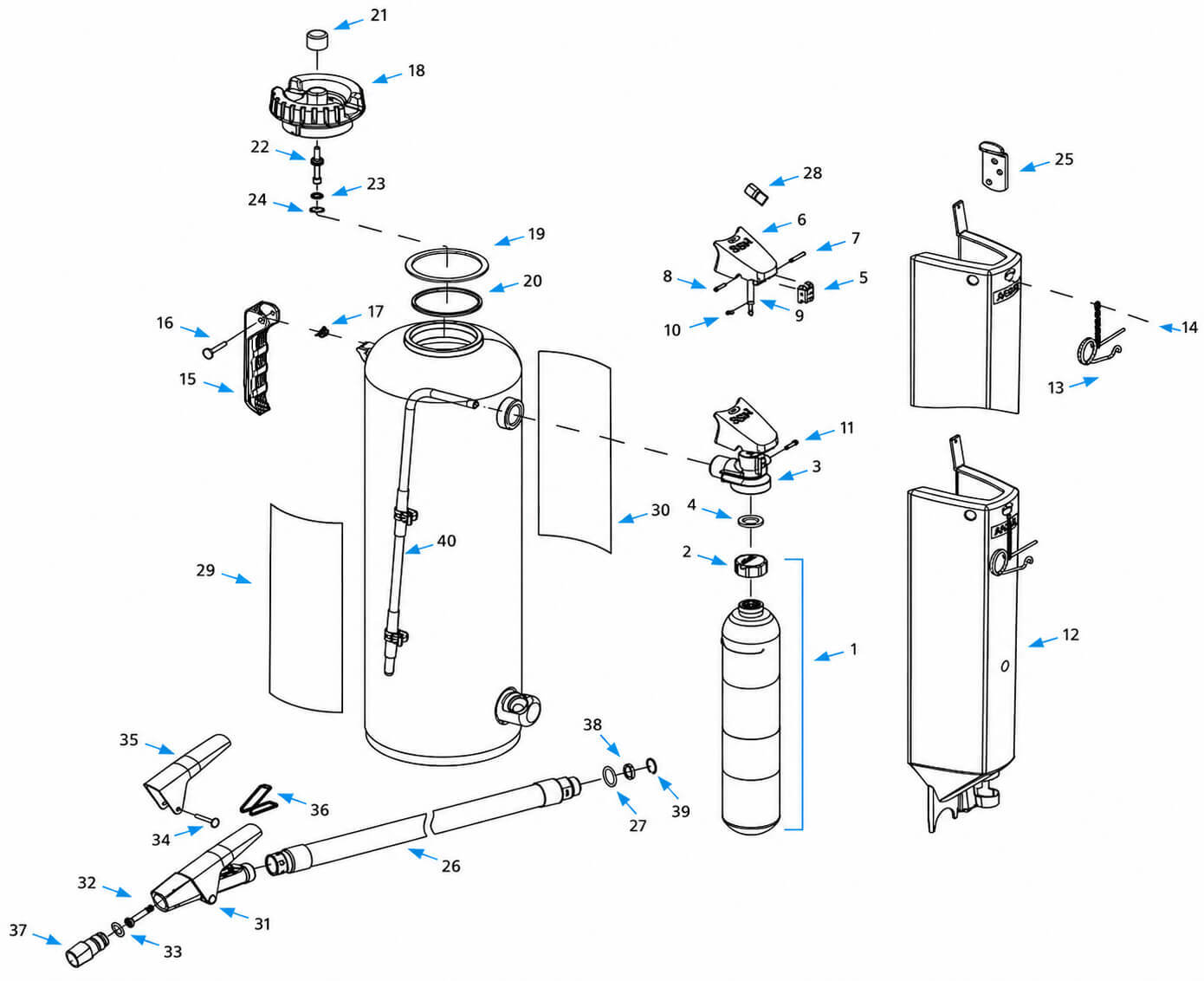 ANSUL RED LINE cartridge-operated fire extinguisher exploded parts diagram for Models 10-G, 20-G and 30-G - diagram 1