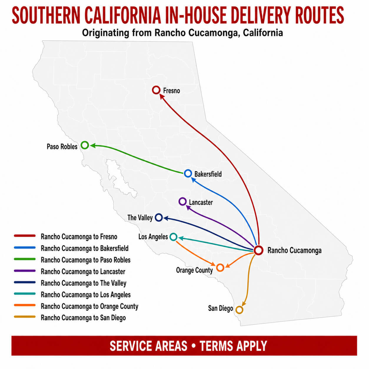 Map of Southern California in-house delivery routes from Rancho Cucamonga to Paso Robles, the Valley, Los Angeles, Orange County, Bakersfield, Lancaster, San Diego, and Fresno