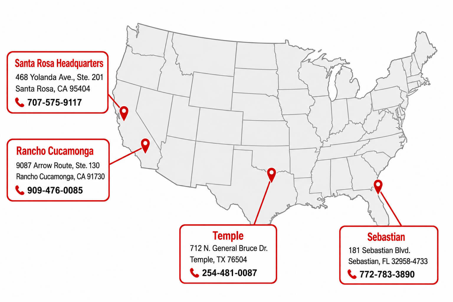 Map showing Fire Safety Supply locations in Santa Rosa and Rancho Cucamonga, California; Temple, Texas; and Sebastian, Florida