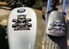 The  medium 3" x 3" decal shown
on a front fender (Color orange)
The large 6" x 6" decal shown on a 3.3 gal 
sportster tank (Color orange)
