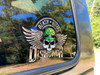 The large 8 1/4" x 5 3/4" decal is shown on  a truck window