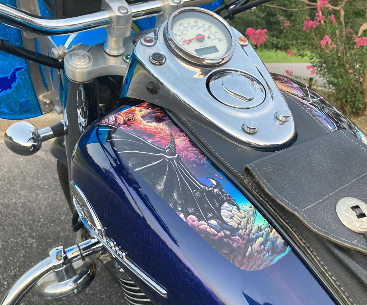 Tank top decals designed to work with center  speedo consoles. Shown here on a Honda Shadow ACE.