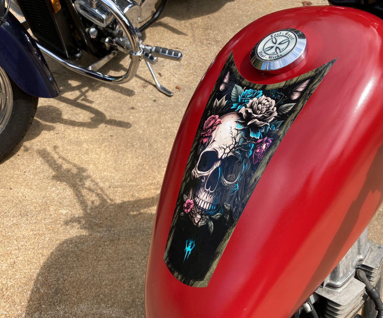 Shown on a Harley Sportster gas tank, these decals work well on custom chopper or bobber tanks, or almost any center fill / cap tanks, such as a Honda Shadow Rebel, or Fury.