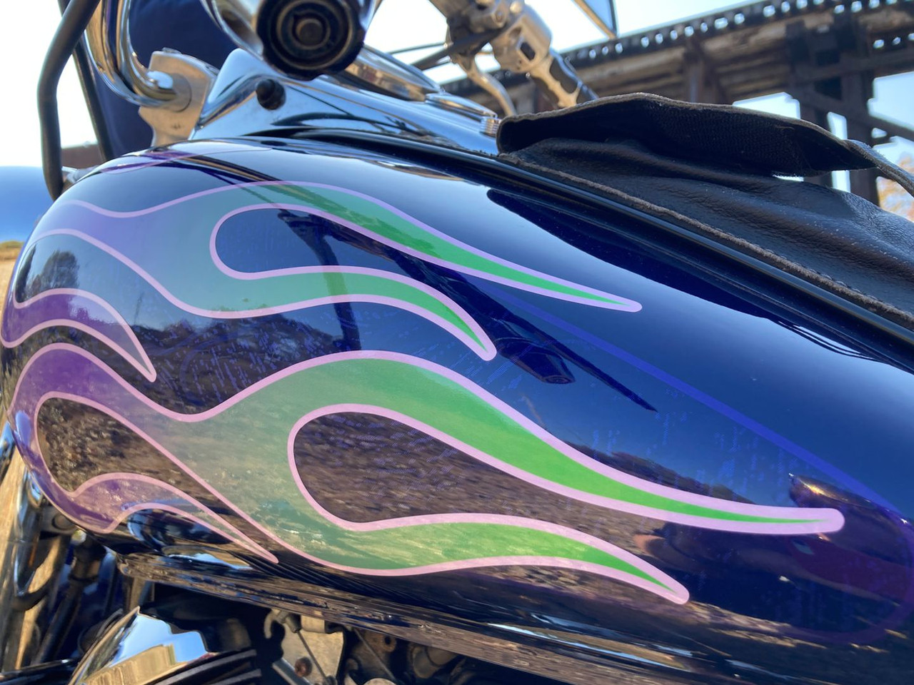 Old School - Big No. 6 - Motorcycle Flame decals - Green & Purple - 6pc set