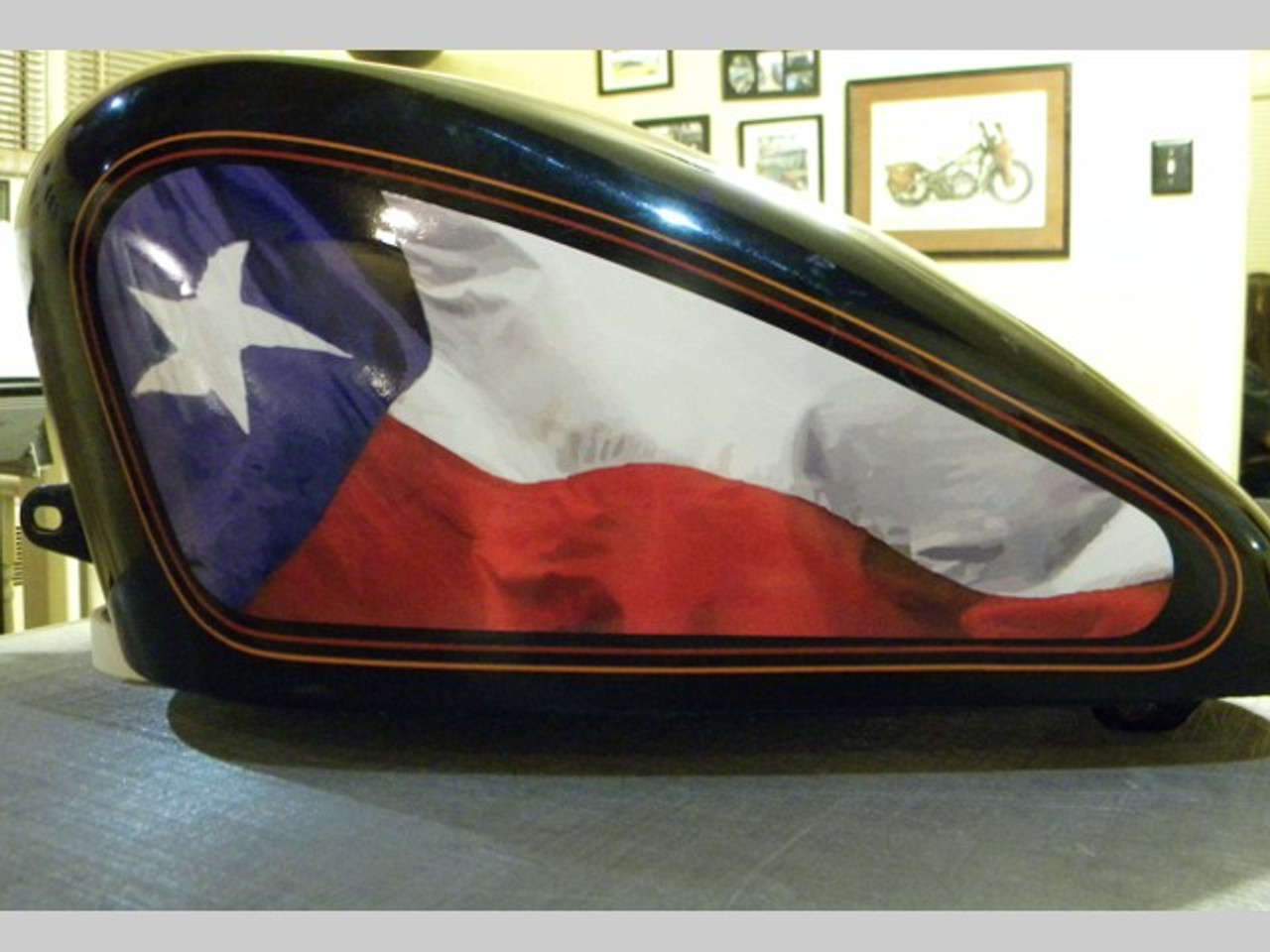 Texas Flag Harley Sportster side panel tank decal
The red and orange pinstripe not included