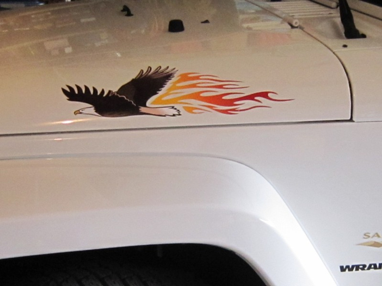 Eagle flames decal shown on Jeep Wrangler