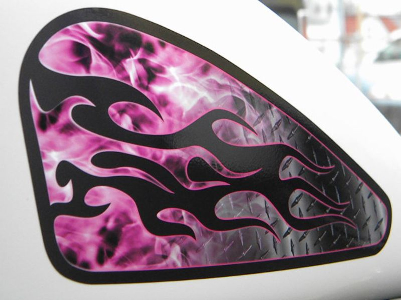 Pink Bubblegum diamond plate hotrod flames decal shown on a `97 Sportster tank but also fits other motorcycle tanks