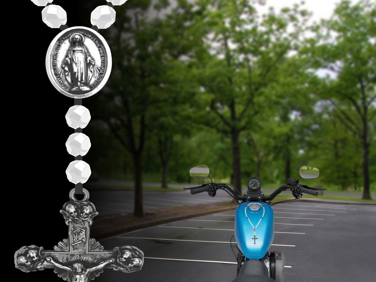 Rosary (Rosario) for motorcycle gas tank (white beads)