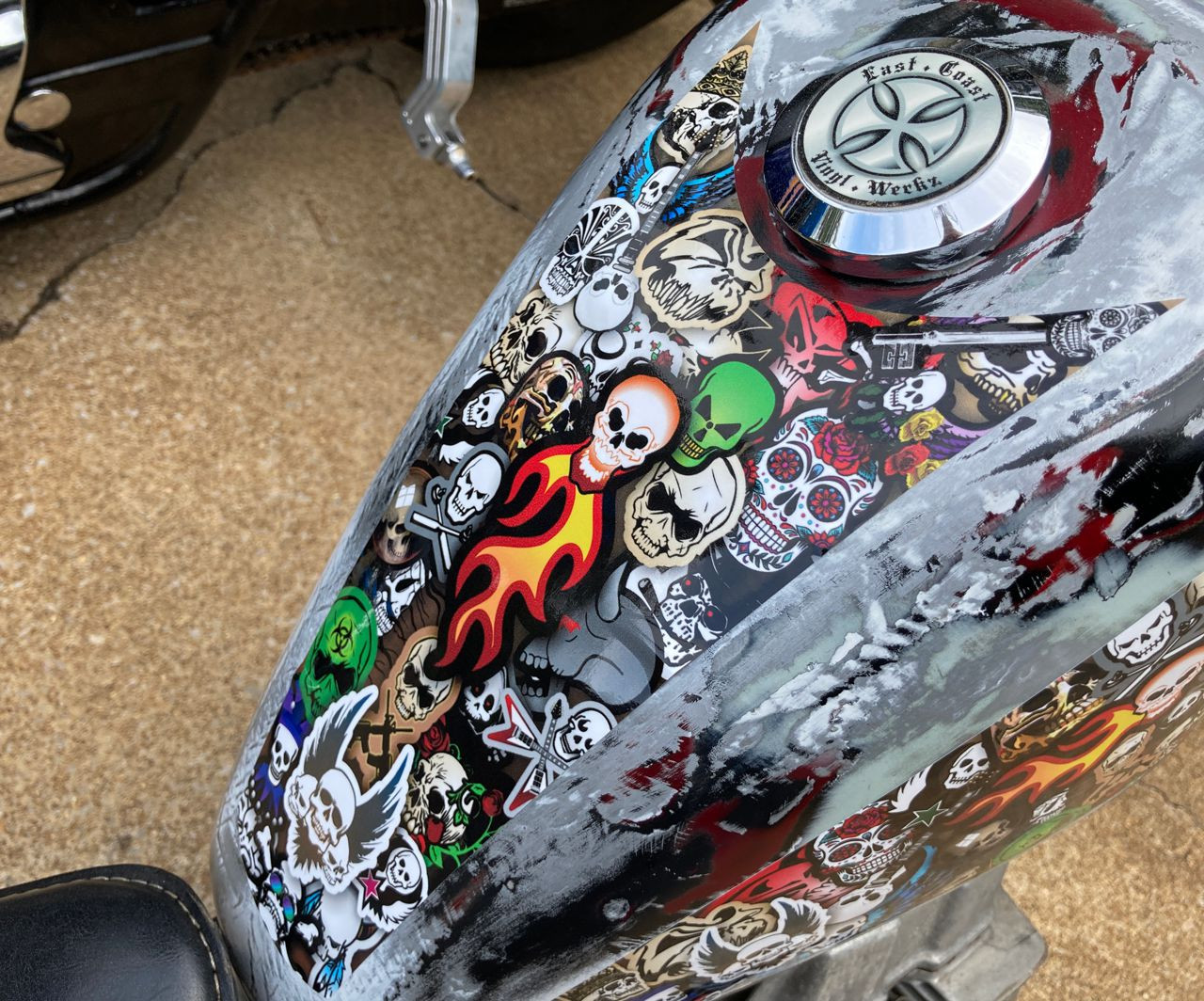 Shown on a Harley Sportster gas tank, these decals work well on custom chopper or bobber tanks, or almost any center fill / cap tanks, such as a Honda Shadow Rebel, or Fury.