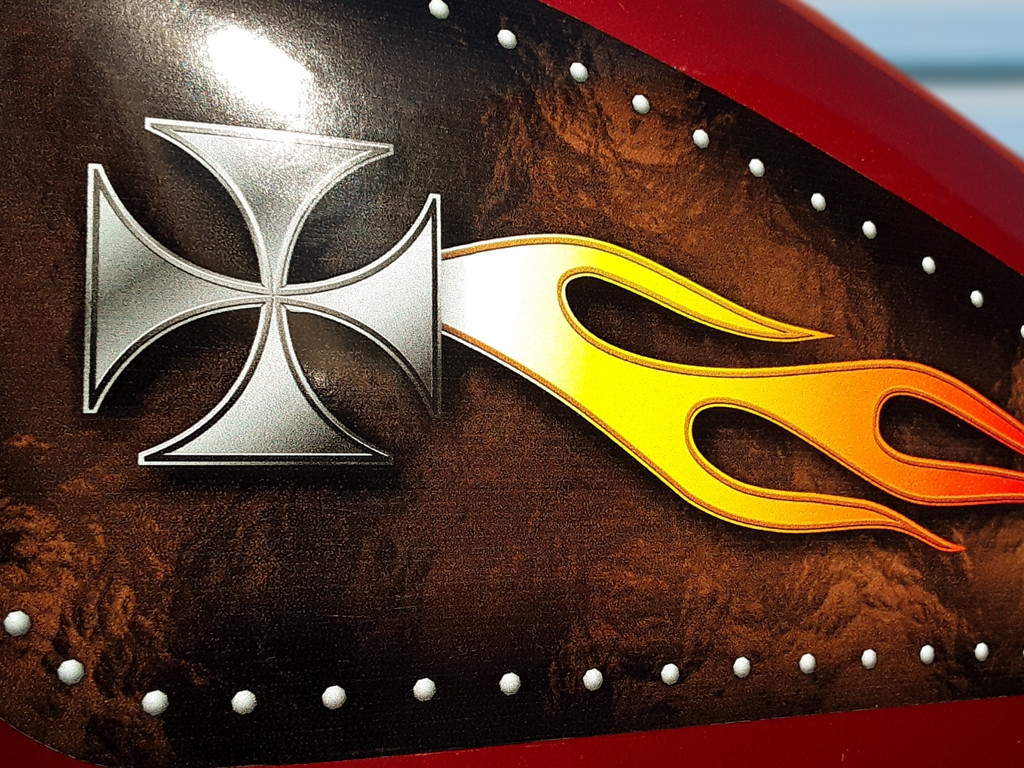 Riveted Iron Cross on Brown leather (w/white hot fire Flame) - 2pc