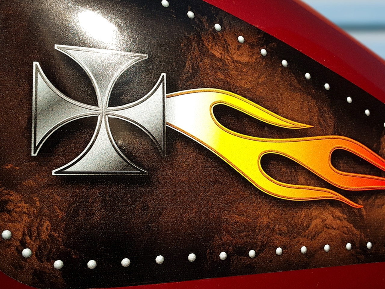  Riveted Iron Cross on Brown leather (w/white hot fire Flame) - 2pc Tank decal set