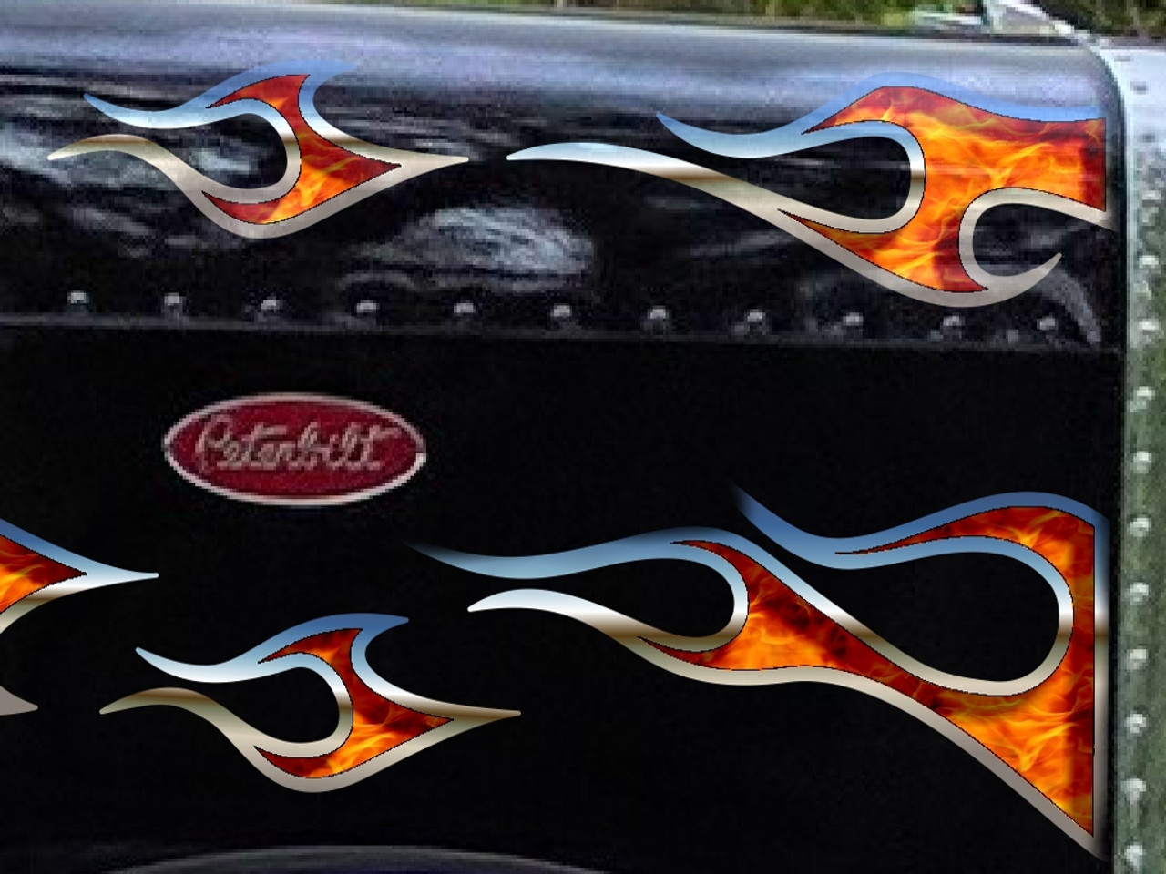 Airbrushed look  Sunken true fire & Chrome tribal flames.  Shown installed on a peterbilt 389. Also fits kenworth trucks and mack