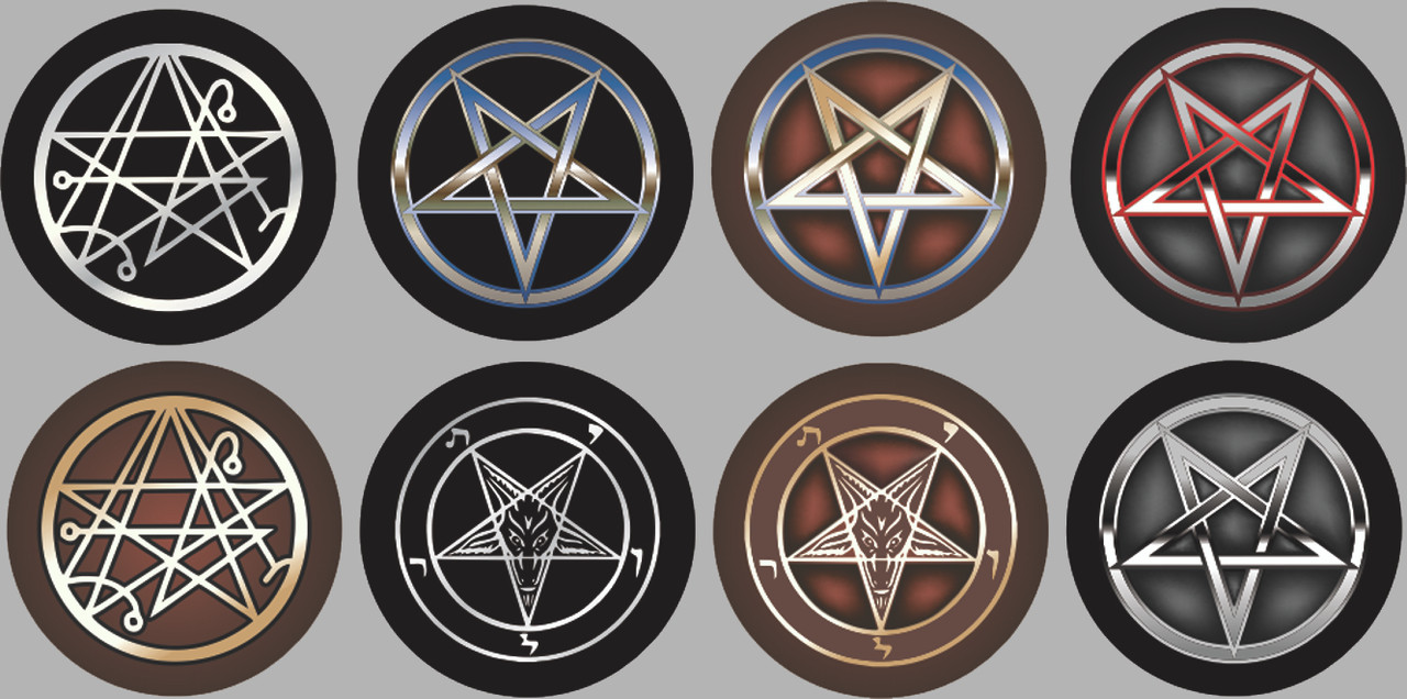 2" Pentagram with and without goats head,  Baphomet, & Necronomicon.
8 piece set.