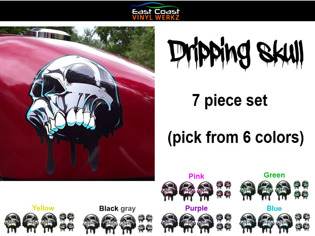 Dripping skull, Tank fender fork decals (7 piece set) pick from 6