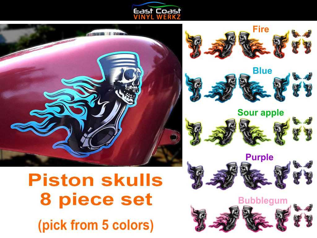 Piston skulls, Tank fender fork decals (8 piece set) pick from 5
