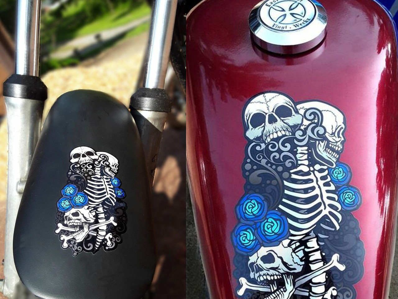 Skeletons & Roses - Tank, fender & fork decals (7 piece set)  pick from 6 colors