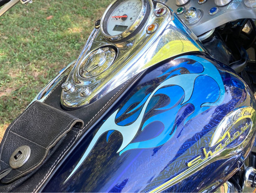 Layered pinstriped tribal, motorcycle flame decals