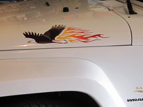 Eagle flames decal shown on Jeep Wrangler