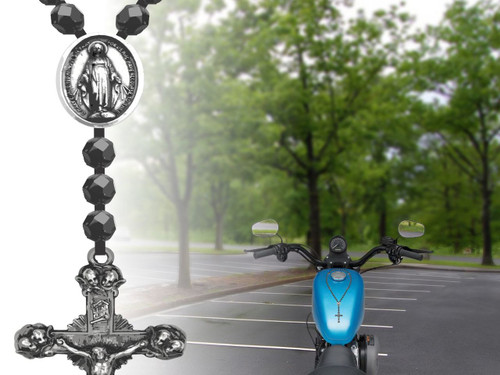 Rosary (Rosario) for motorcycle gas tank (black beads)